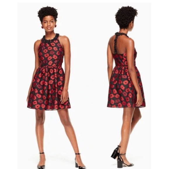 Kate Spade Embellished Red Black Poppy Mini‎ Dress Size 10 NWT $478 T-Back - Picture 1 of 14